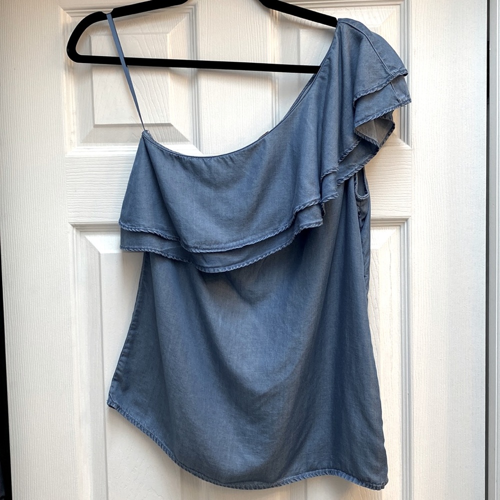 Michael Kors - chambray denim one shoulder ruffle top